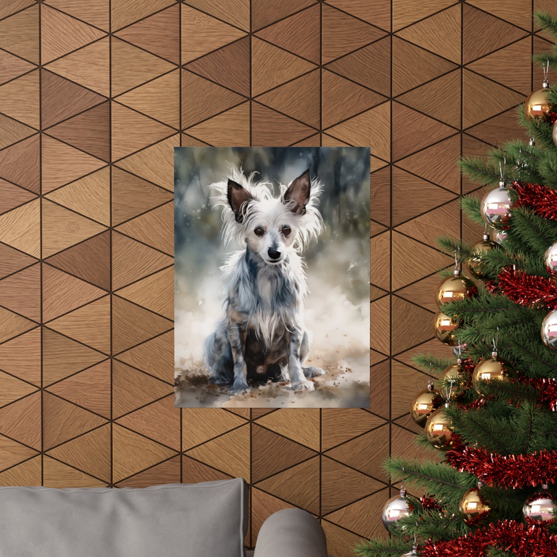 Chinese Crested Sitting Fluffy Crest Grey White Watercolor Dog Poster - Image 3