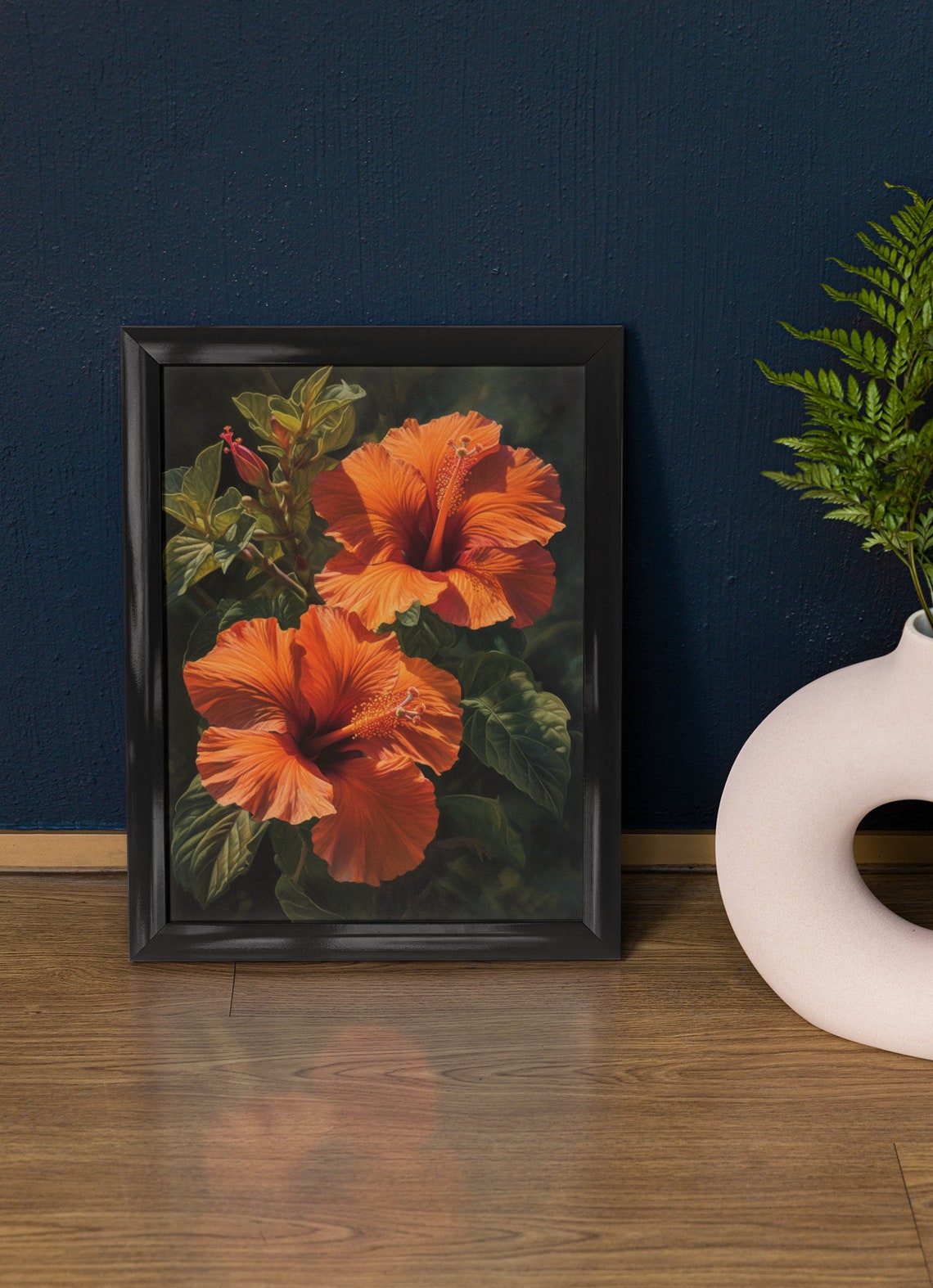Orange Hibiscus Flowers Dark Tropical Botanical Bloom Art Print