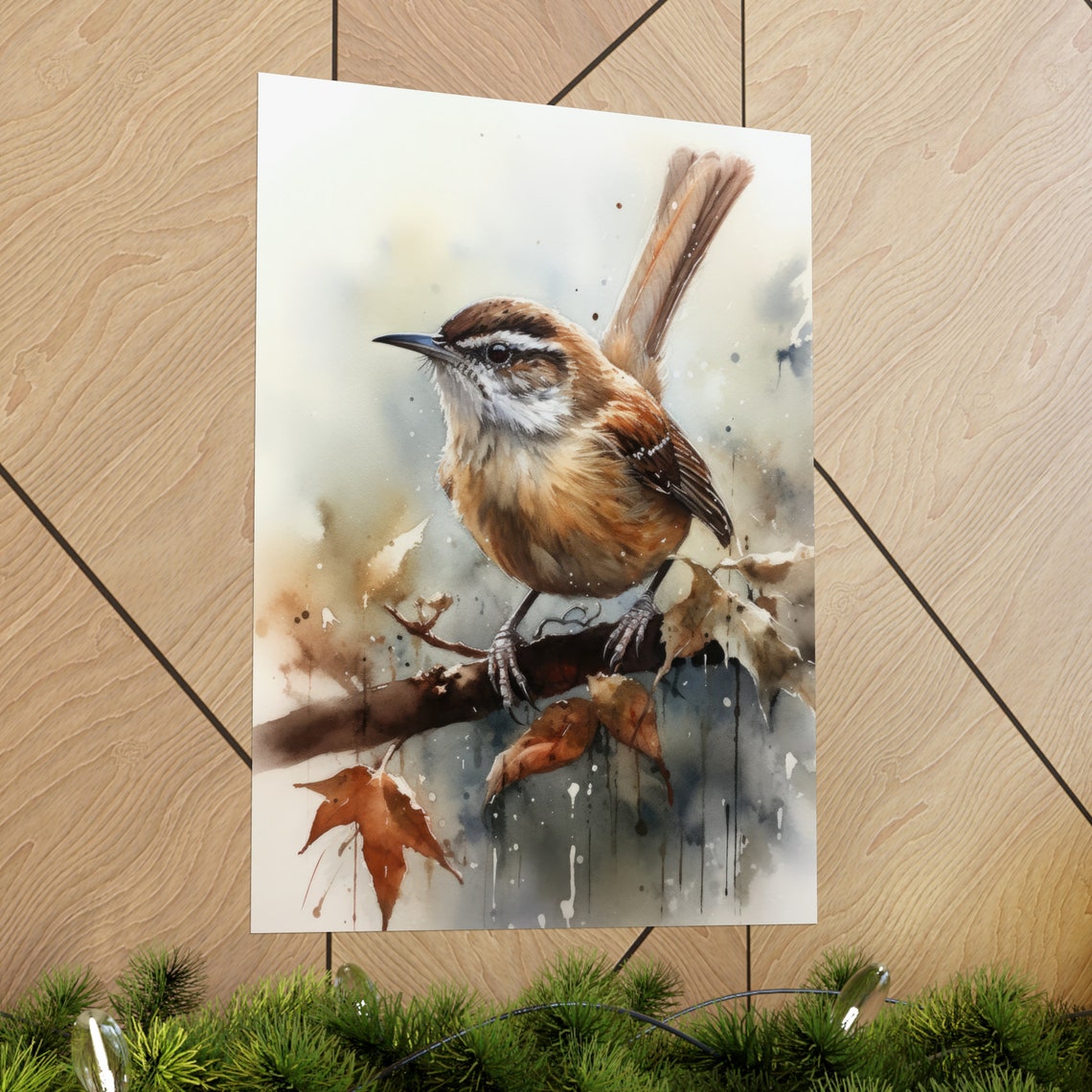 Carolina Wren Perched On Branch Watercolor Bird Art Wall Print - Image 2