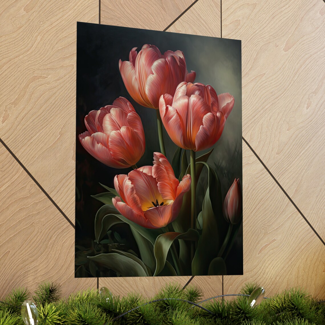Four Coral Pink Tulips Dark Moody Oil Painting Floral Wall Art - Image 2
