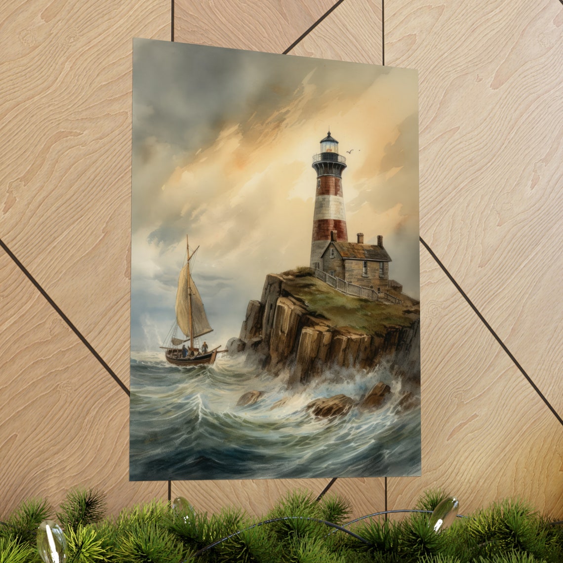 Striped Lighthouse Rocky Cliff Sunset Sailboat Watercolor Wall Art - Image 2