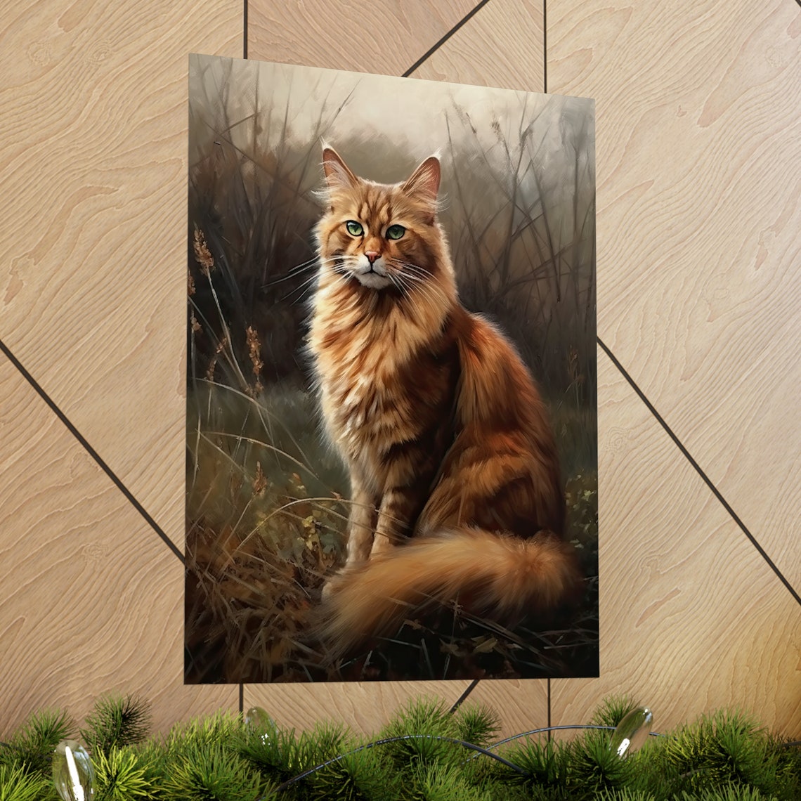 Somali Cat Sitting In Misty Meadow Long Fluffy Tail Portrait Art Print - Image 2