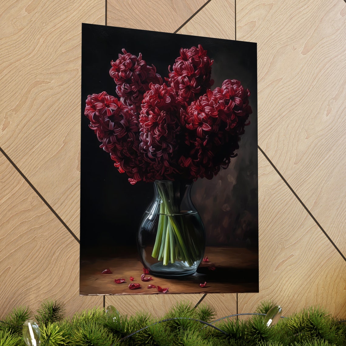 Dark Red Hyacinth Bouquet Glass Vase Dark Still Life Flower Poster - Image 2