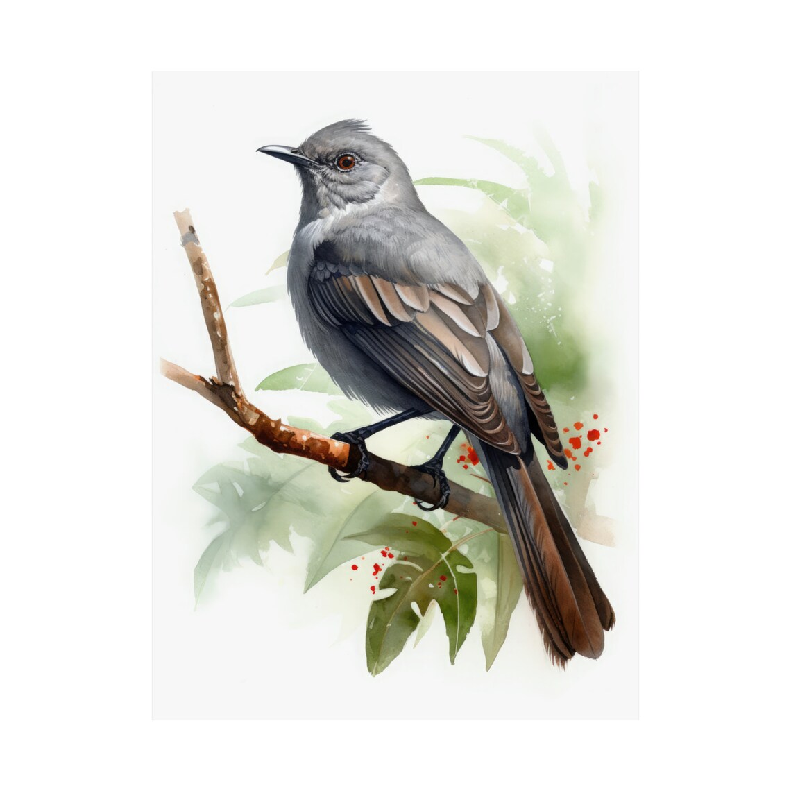 Gray Catbird Perched Branch Watercolor Songbird Portrait Poster - Image 4