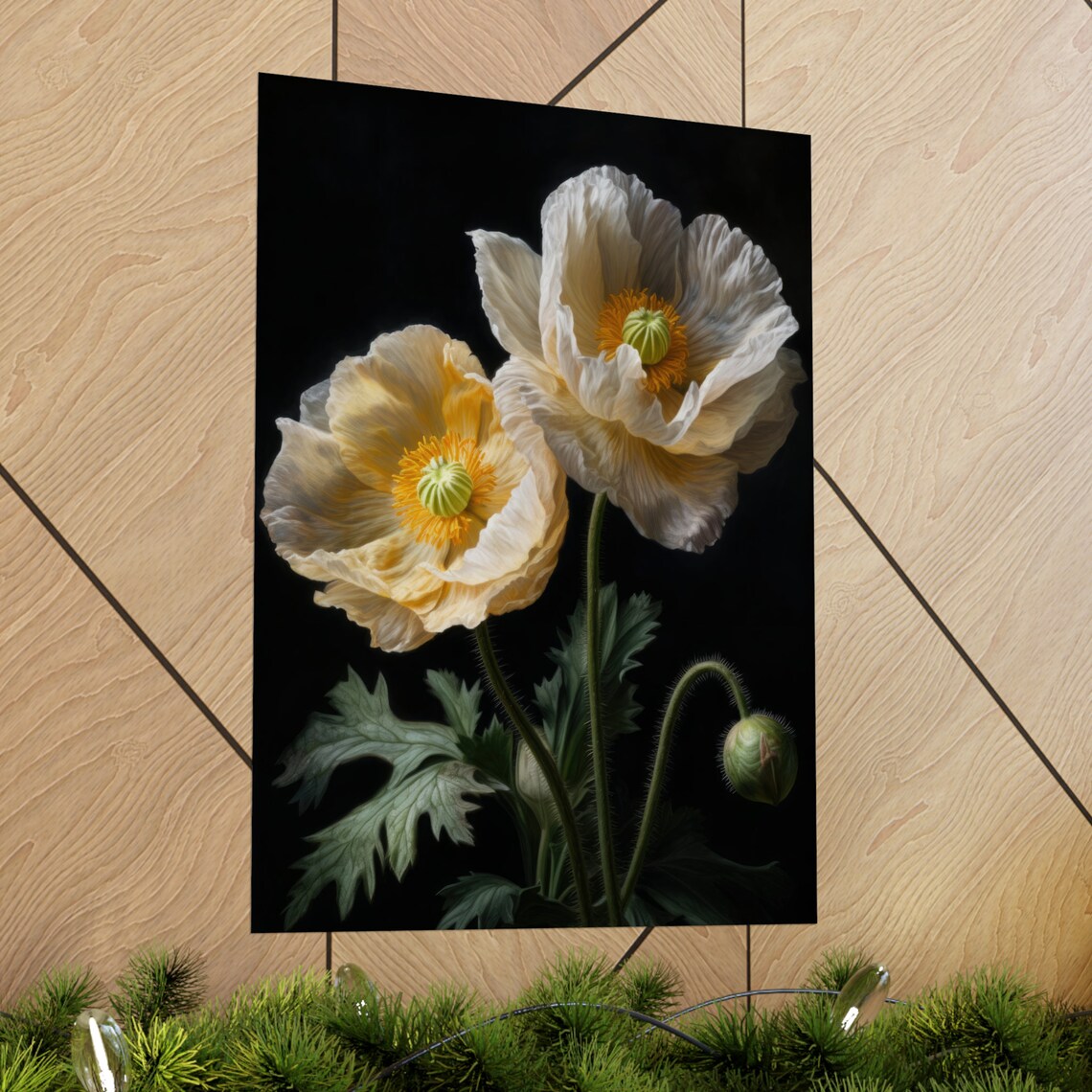 Cream Poppy Flowers Golden Center Dark Moody Botanical Art Print - Image 2