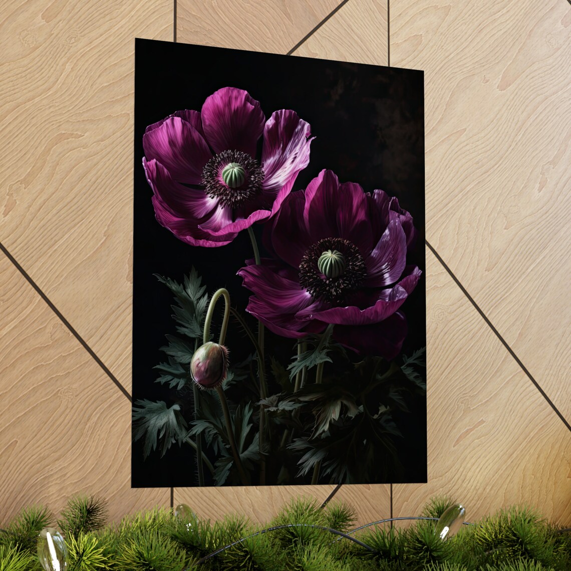 Magenta Anemone Flower Pair Dark Moody Botanical Floral Art Poster - Image 2