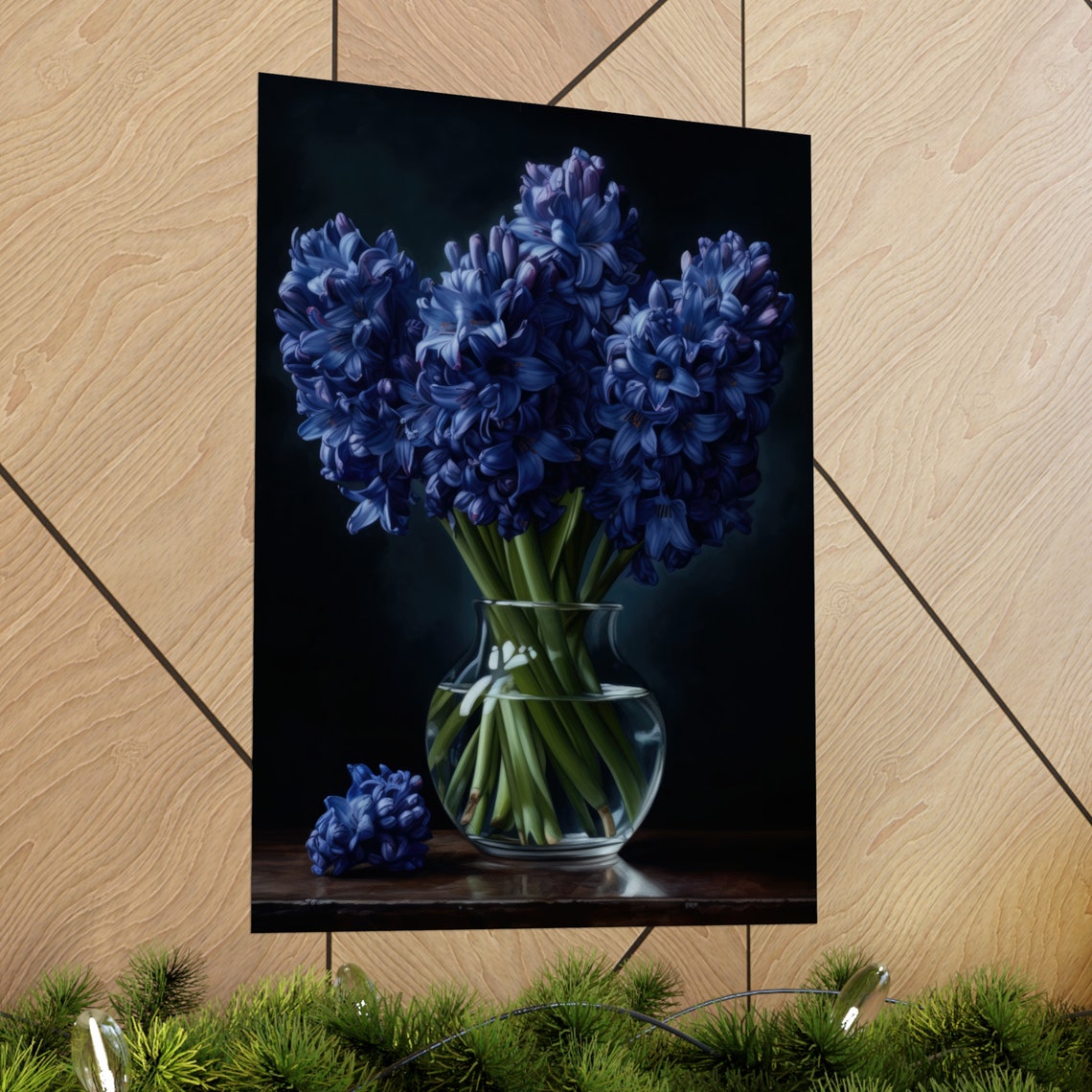 Blue Hyacinth Bouquet Glass Vase Dark Still Life Botanical Art Poster - Image 2