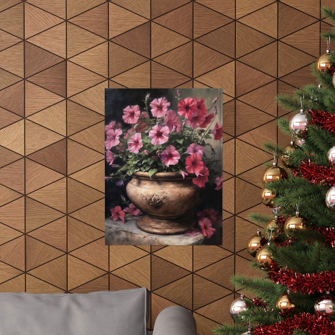 Pink Petunias Bronze Urn Dark Moody Floral Still Life Art Poster - Image 3