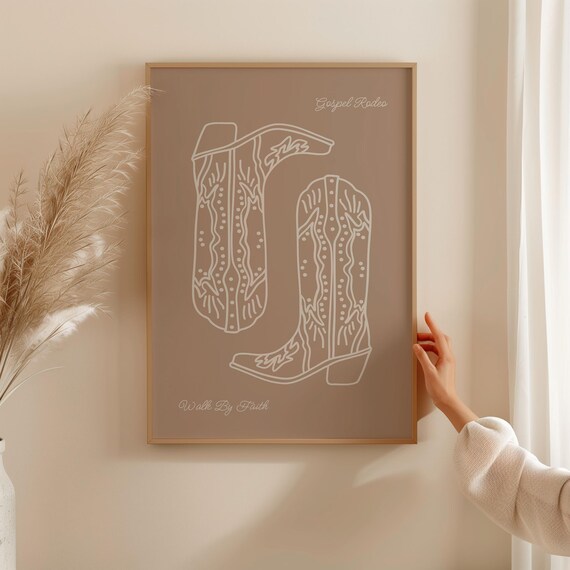 Gospel Rodeo Cowboy Boots Walk By Faith Beige Line Art Poster