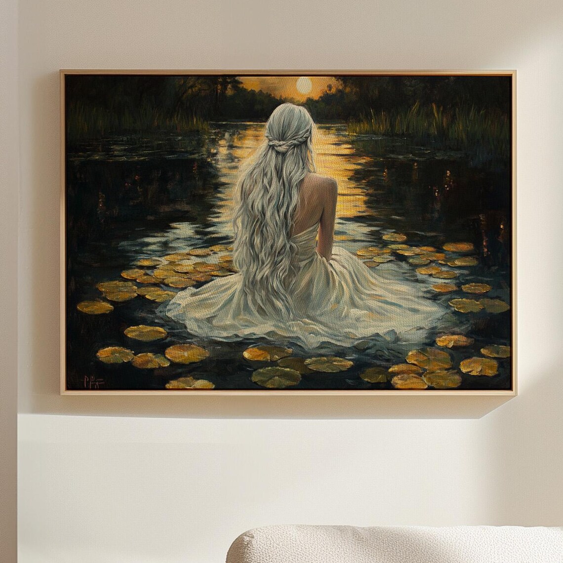 Moonlit Water Lily Woman Silver Hair Fantasy Night Art Poster
