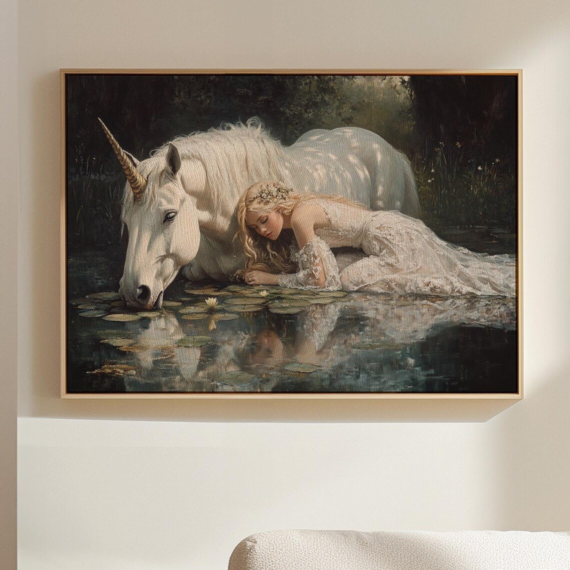 Mystical Unicorn And Maiden Enchanted Forest Moonlit Pool Poster