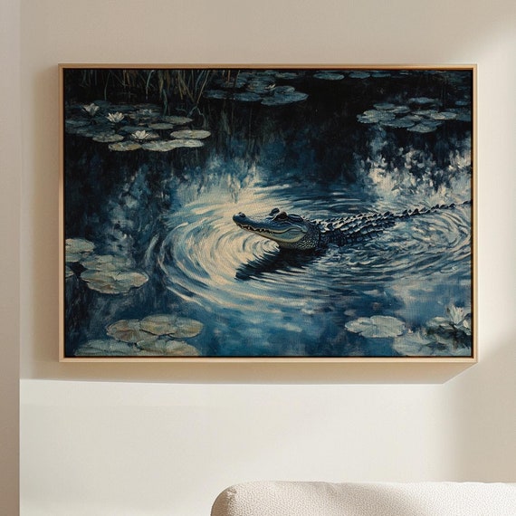 Alligator In Serene Water Lily Pond Wildlife Art Rustic Swamp Decor Nature Inspired Wall Art For Home Or Office