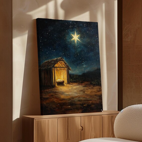 Nativity Manger Under the Christmas Starry Night Sky Religious Poster