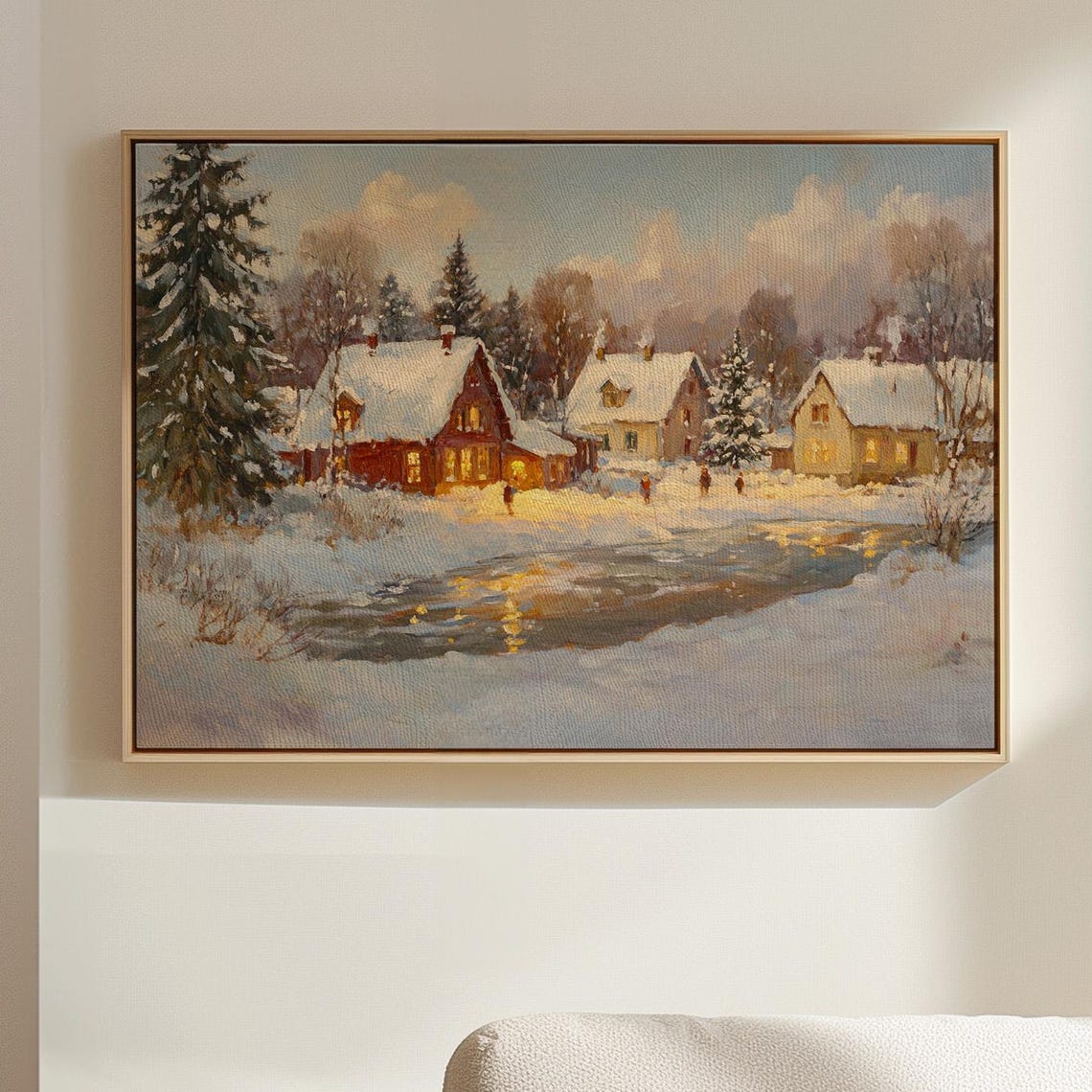 Cozy Winter Village Glowing Cabins River Reflection Snow Poster