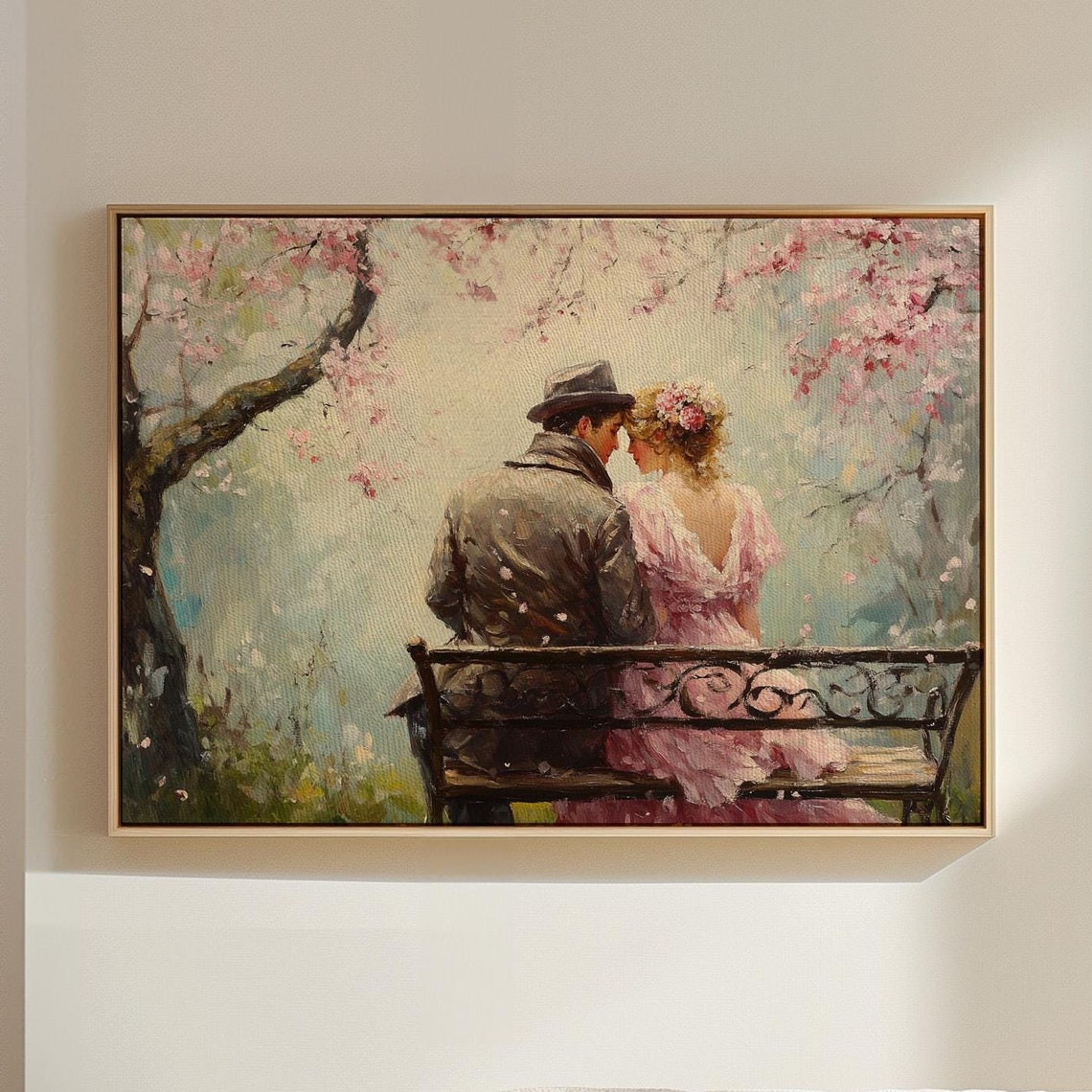 Vintage Couple On Bench Under Cherry Blossom Tree Romance Wall Art