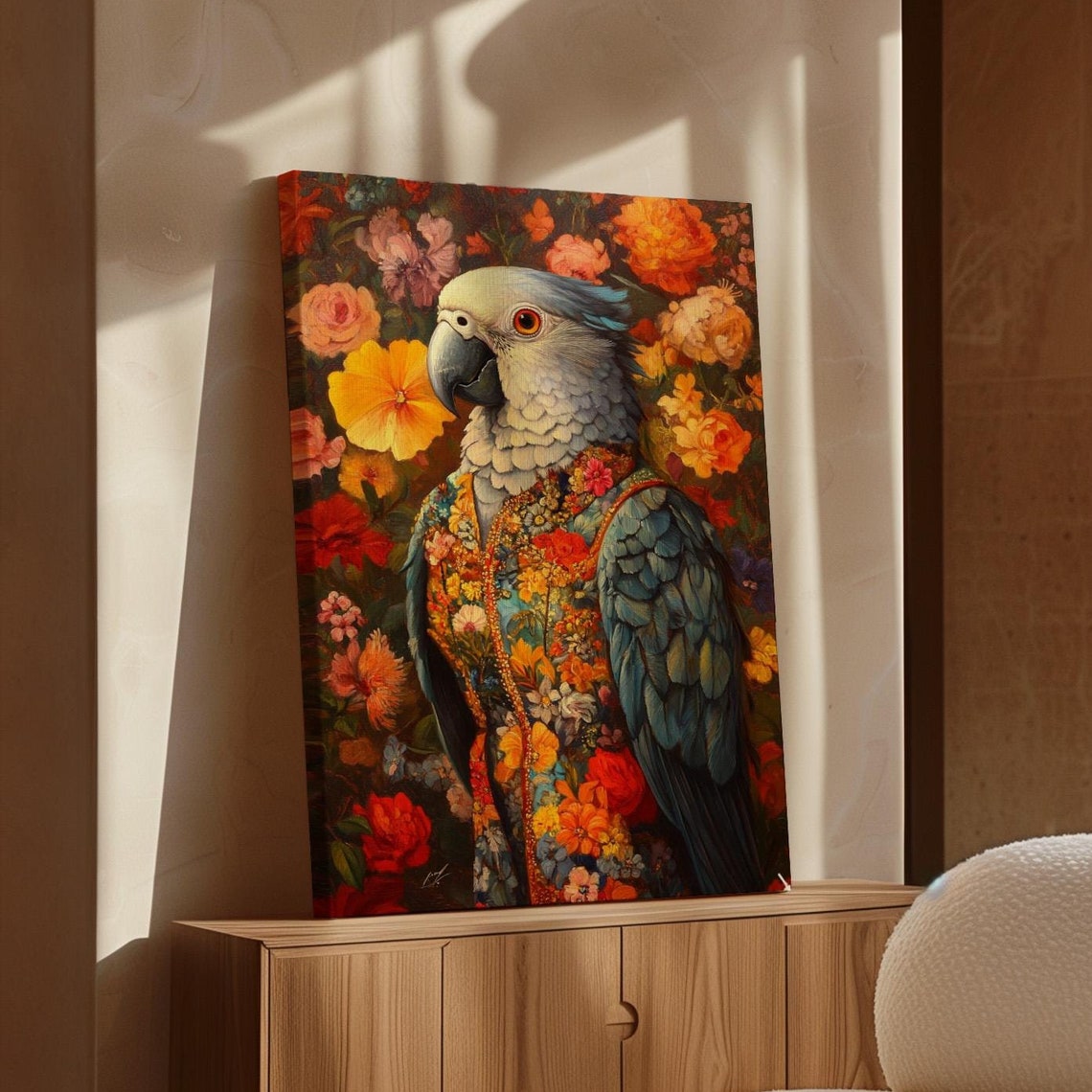 African Grey Parrot in Floral Brocade Jacket Portrait Poster