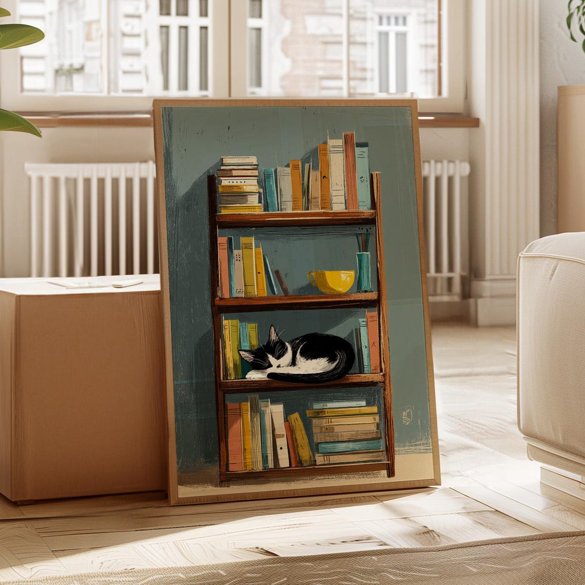 Tuxedo Cat Sleeping on Bookshelf Teal Reading Illustration Poster