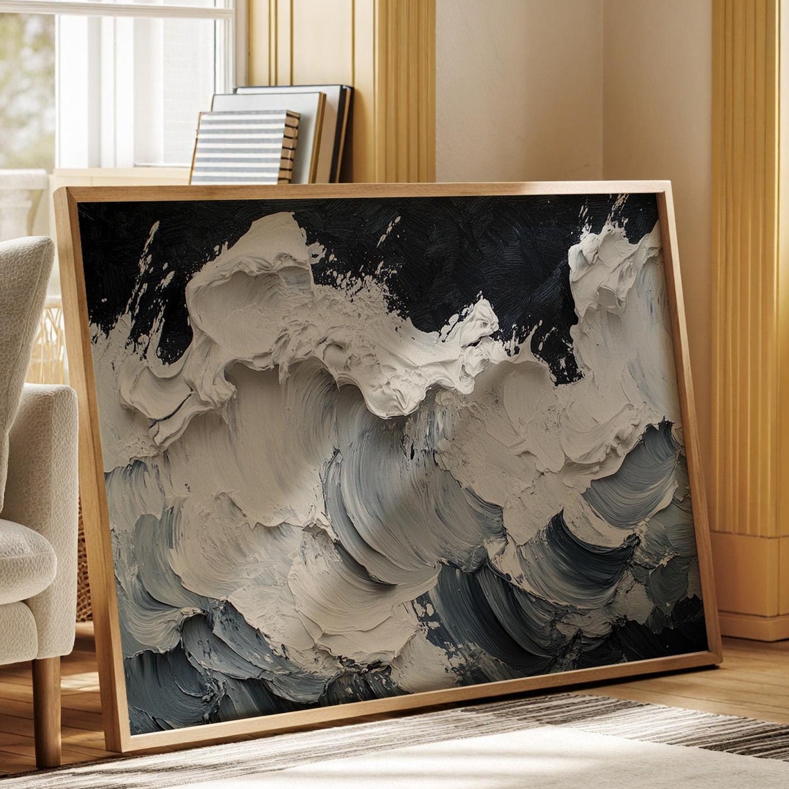 Textured Black White Ocean Wave Impasto Abstract Modern Wall Art