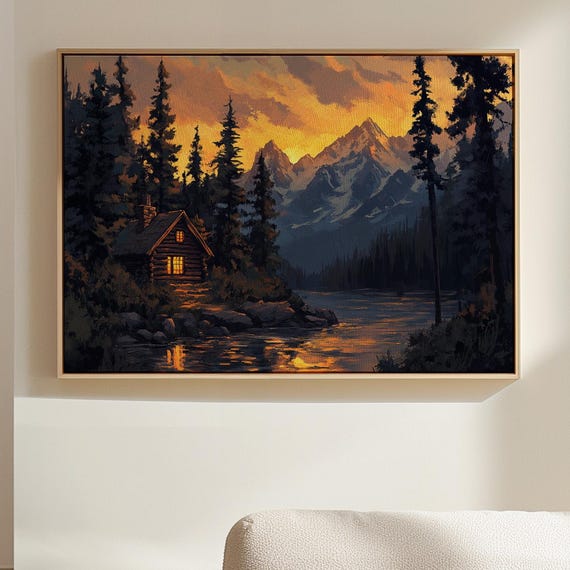 Cozy Cabin Sunset Mountain Lake Wall Art Rustic Lodge Decor Wilderness Nature Print Glowing Sunset Landscape Painting
