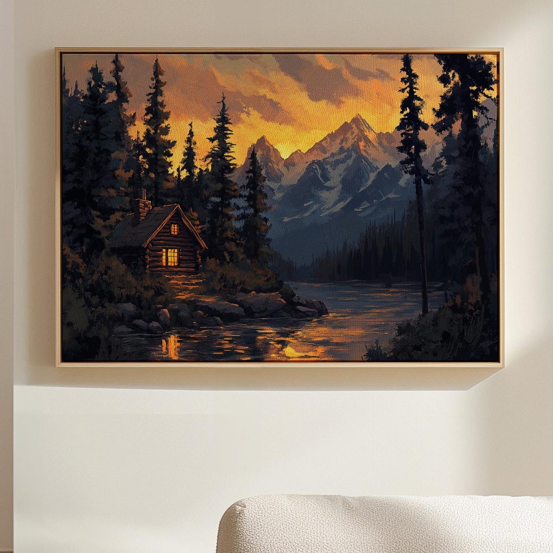Cozy Cabin At Sunset By A Mountain Lake Rustic Painting Poster