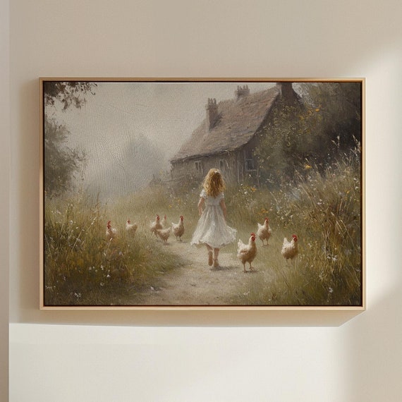 Farmhouse Girl With Chickens Art Print, Rustic Pastoral Scene