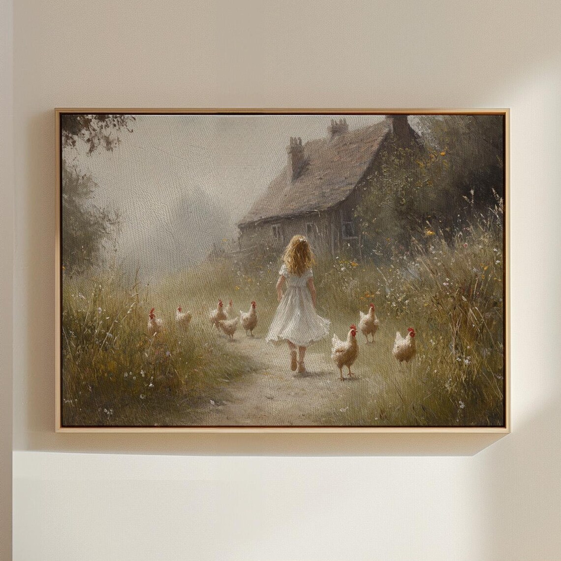 Farmhouse Girl With Chickens Art Print, Rustic Pastoral Scene