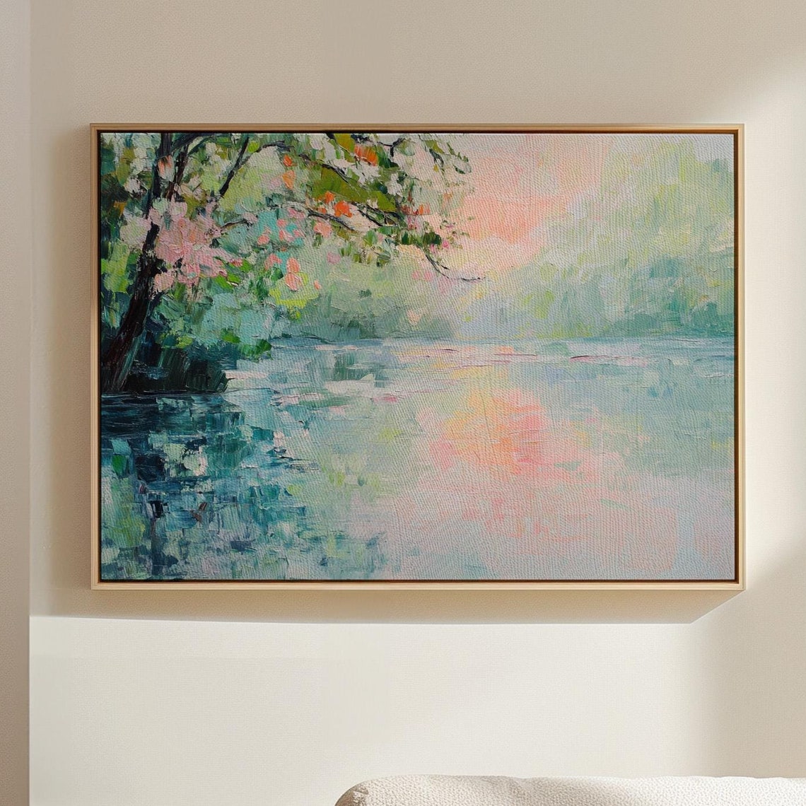 Impressionist Riverbank With Blossoming Tree Pastel Landscape Poster