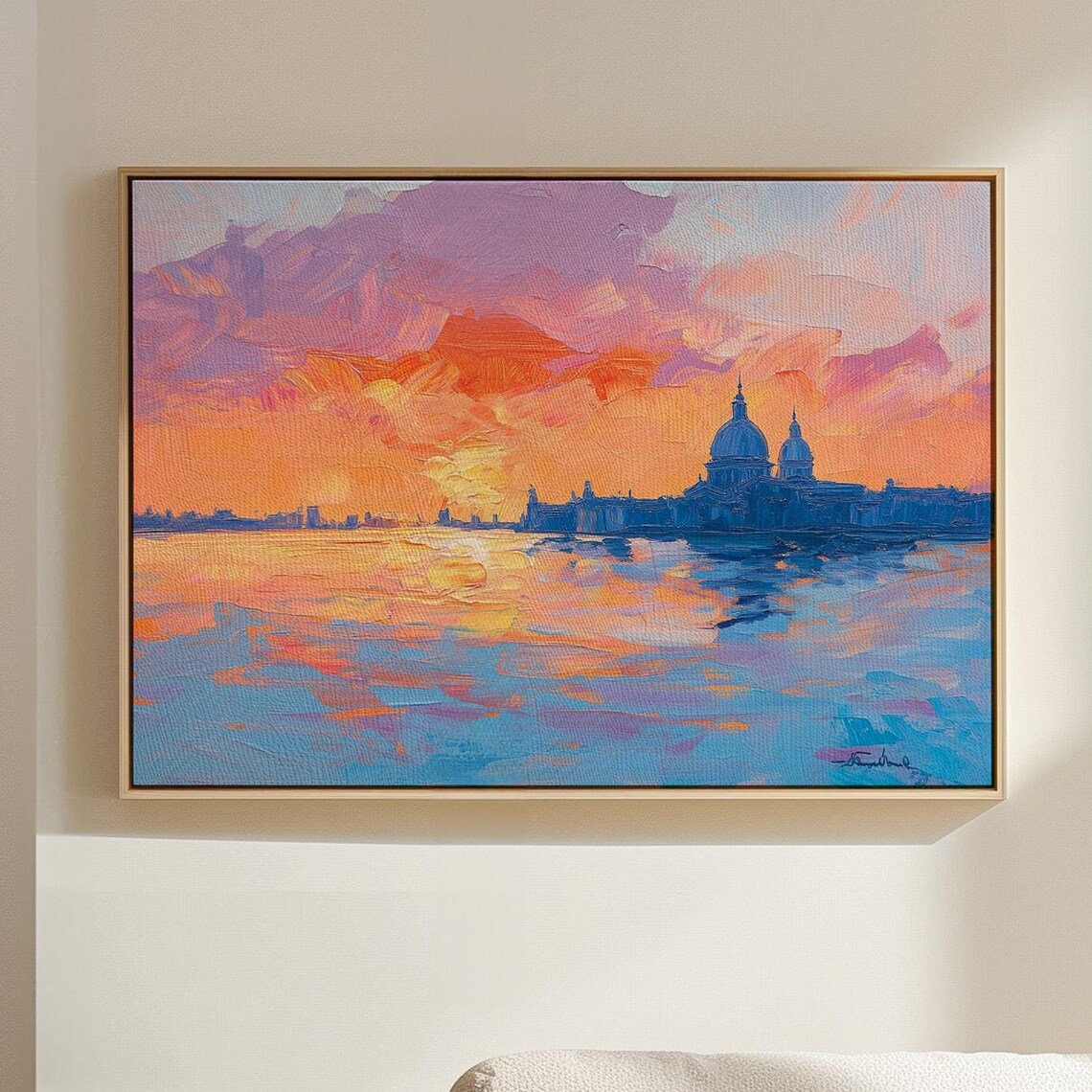 Venice Sunset Skyline Golden Orange Impasto Oil Painting Poster