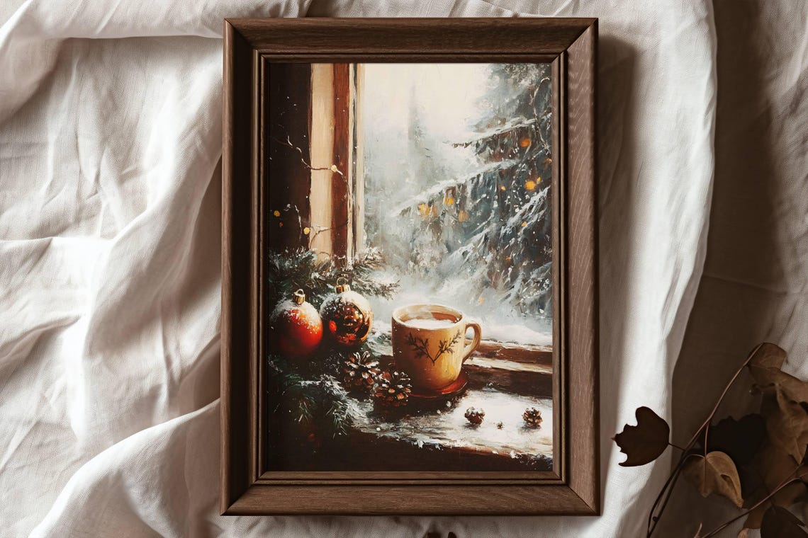 Cozy Christmas Mug Ornaments On Snowy Windowsill Winter Poster - Image 3