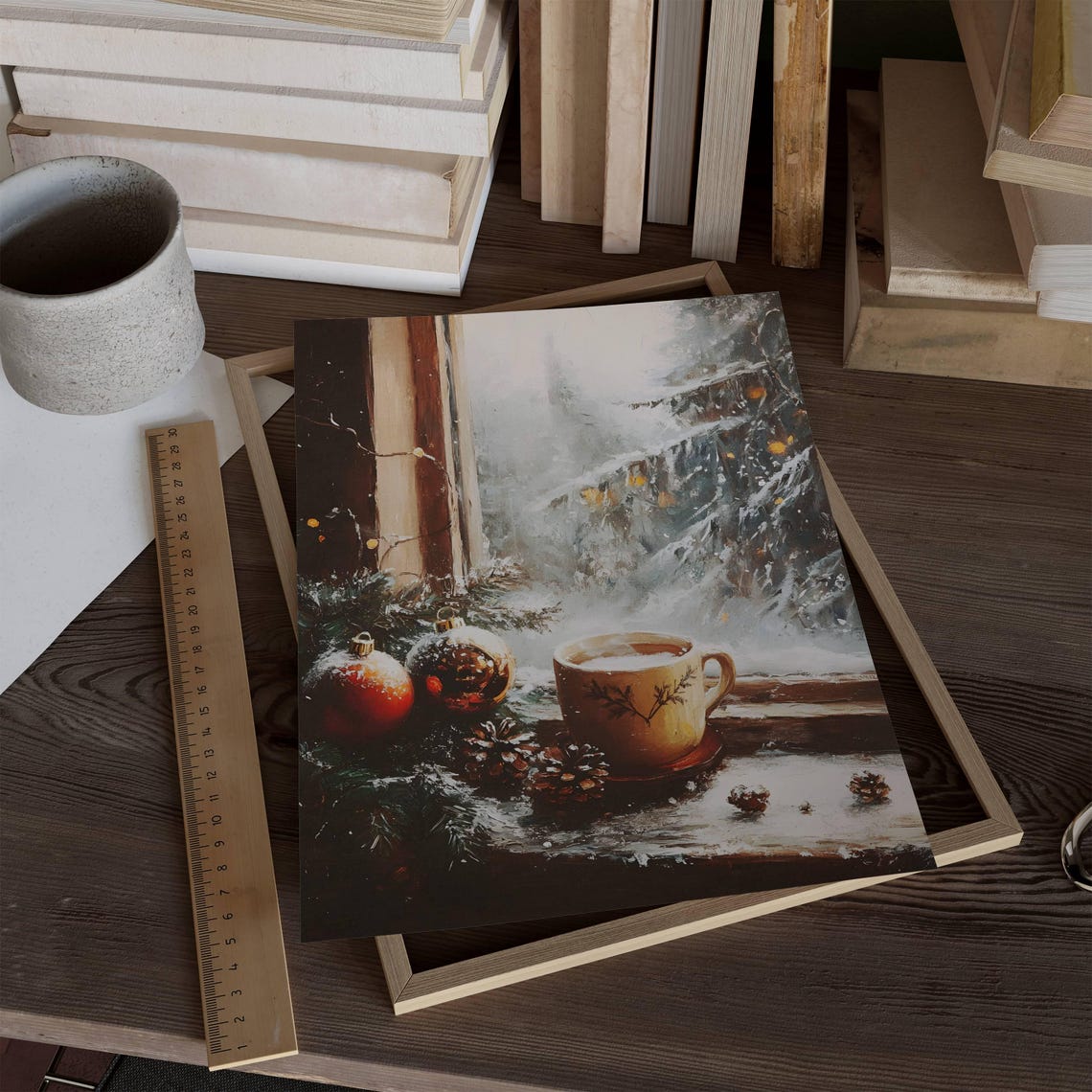 Cozy Christmas Mug Ornaments On Snowy Windowsill Winter Poster - Image 2