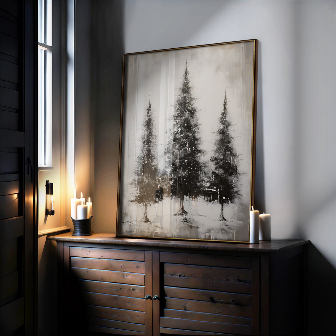 Moody Black and White Winter Pine Trees Silhouette Art Poster - Image 5