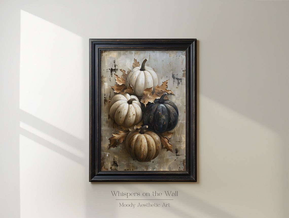 White and Black Pumpkins Stack Neutral Fall Art Painting Poster - Image 2