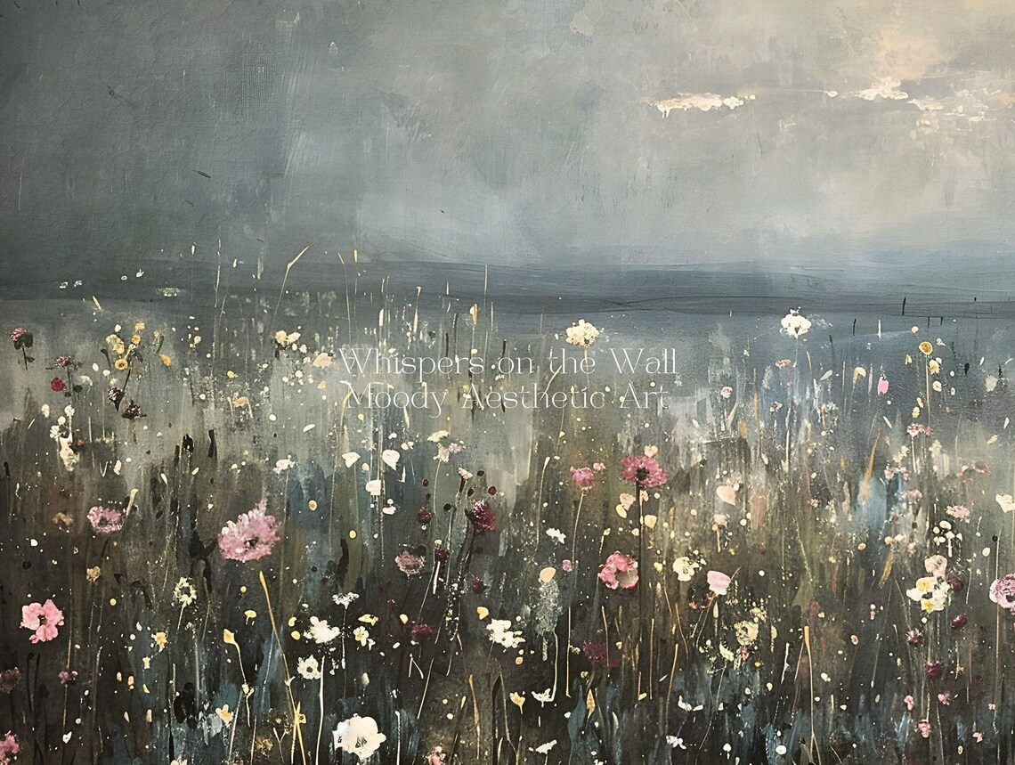 Misty Wildflower Meadow Under Grey Sky Moody Landscape Painting Poster - Image 5