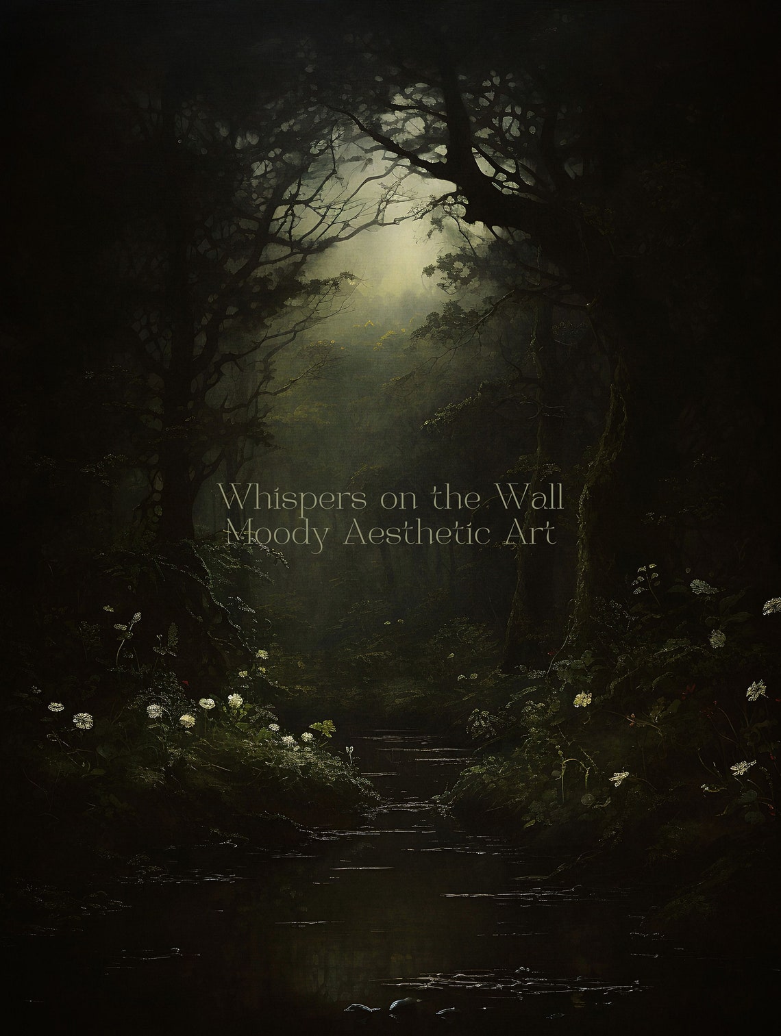 Dark Moonlit Forest Stream with Light Through Trees Mystical Poster - Image 5