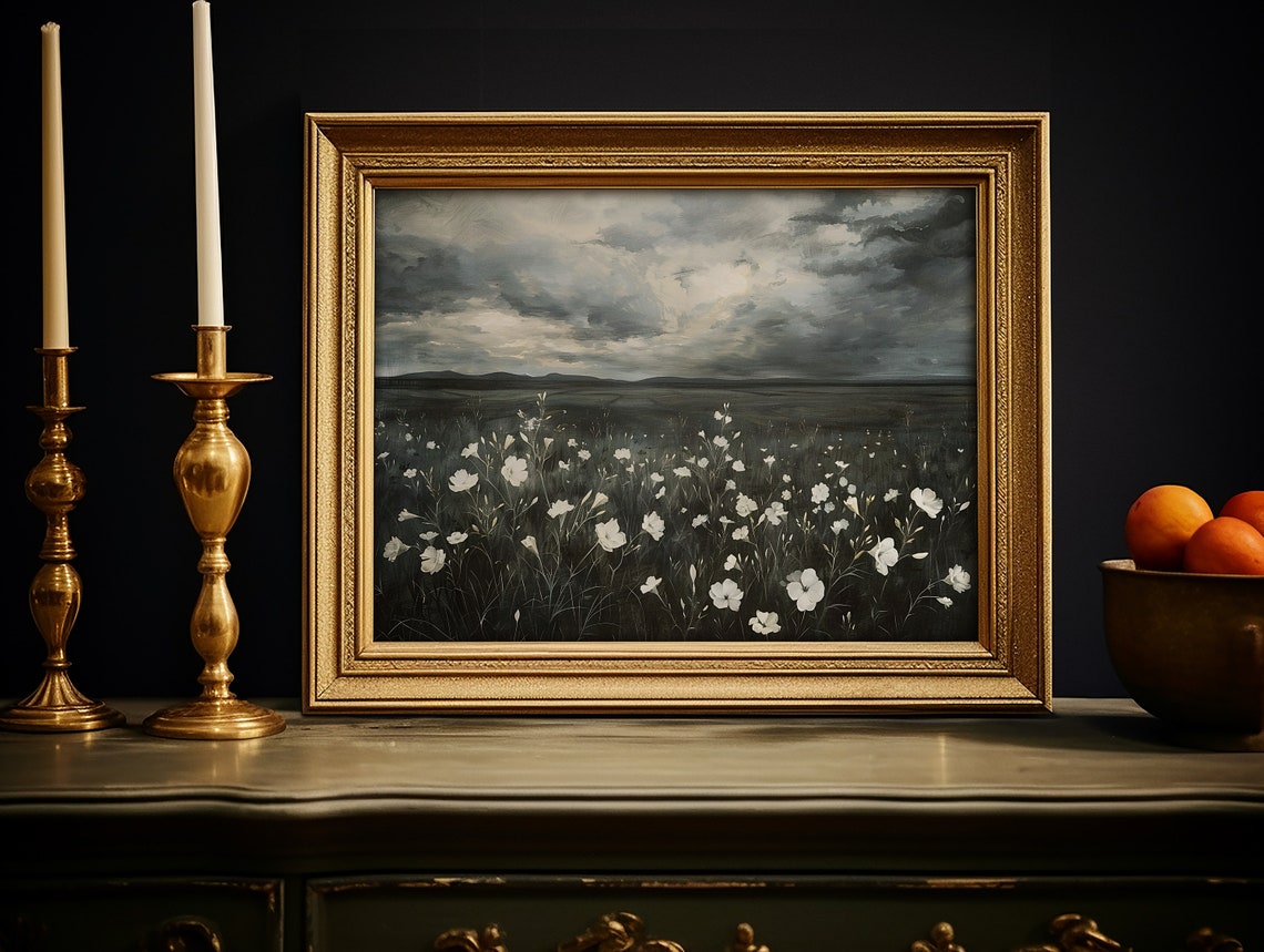 Dramatic White Wildflowers Under Stormy Sky Moody Landscape Poster - Image 2
