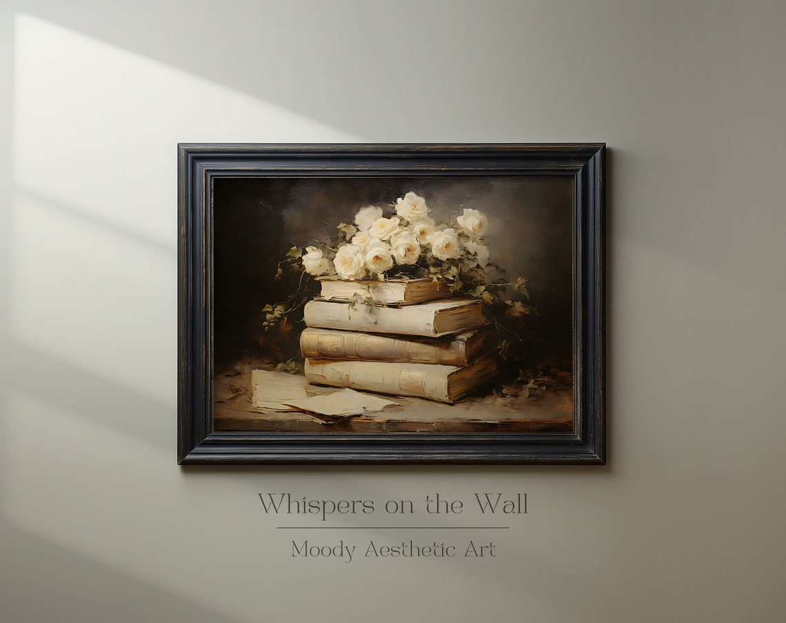 White Roses on Stack of Vintage Books Moody Still Life Poster - Image 3