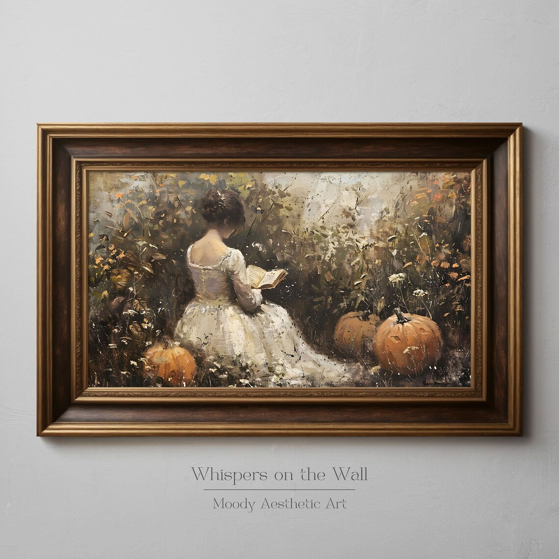 Woman Reading Among Pumpkins Autumn Garden Oil Painting Poster - Image 3