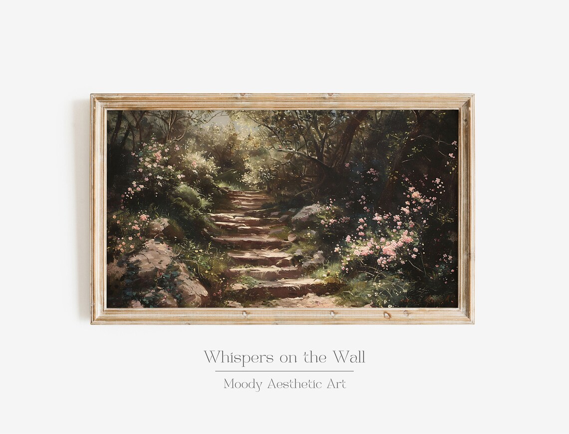 Spring Cottagecore Floral Staircase, Vintage Art Print