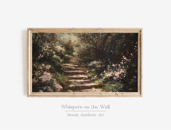 Spring Cottagecore Floral Staircase, Vintage Art Print
