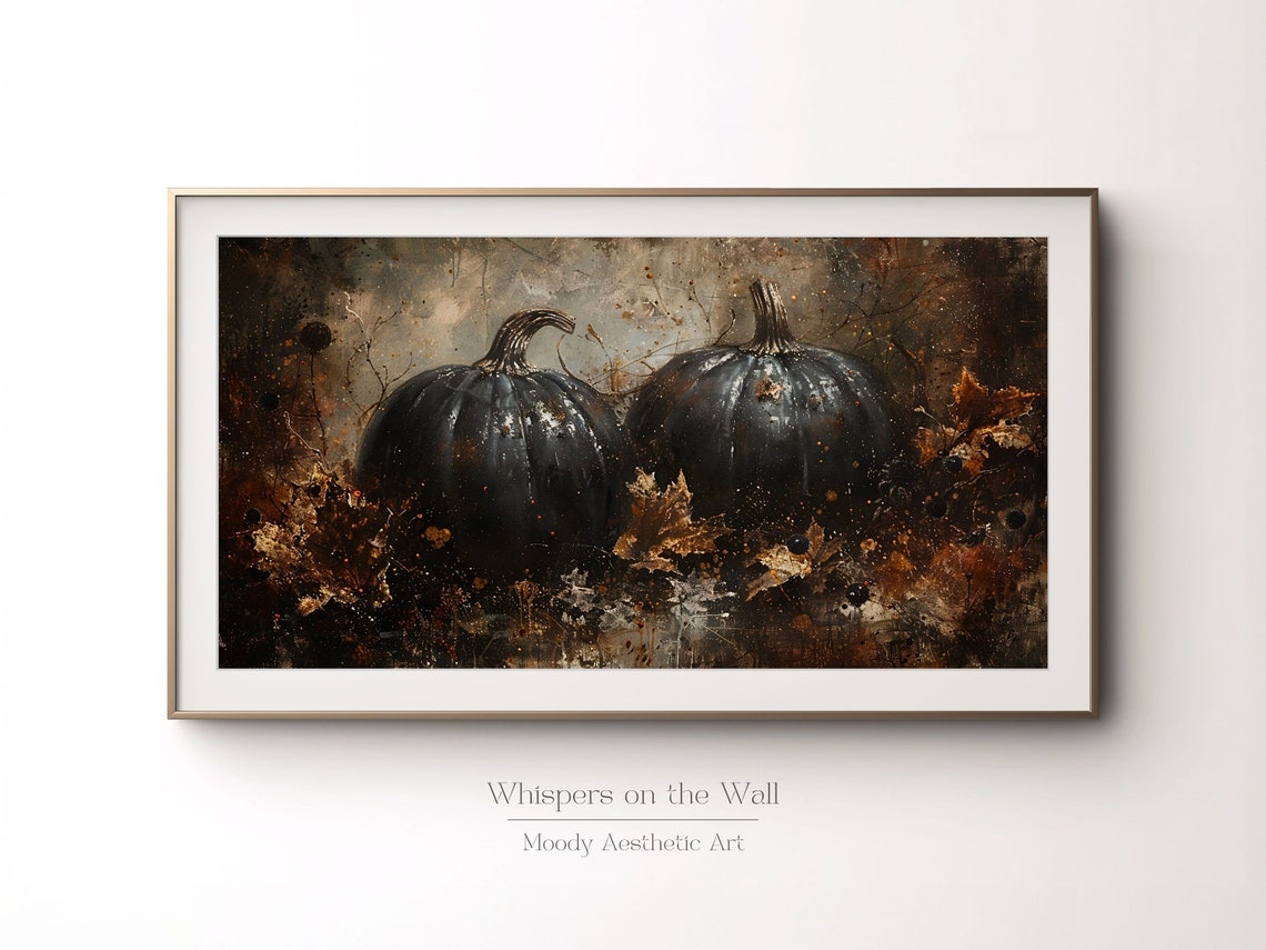 Two Black Pumpkins with Autumn Leaves Dark Fall Painting Poster - Image 3