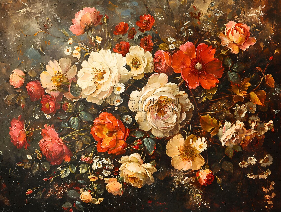 Lush Red and White Roses Dutch Style Dark Floral Painting Poster - Image 5