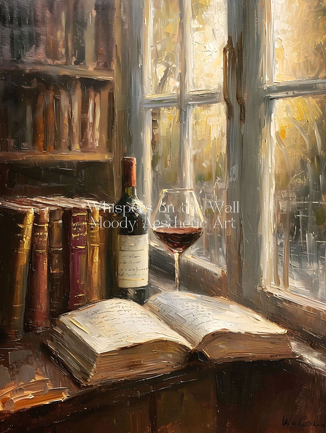 Open Book and Wine Bottle by Sunlit Library Window Oil Painting Poster - Image 5
