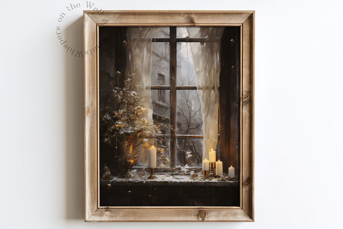 Moody Candlelit Window with Snowy Branches Dark Academia Poster