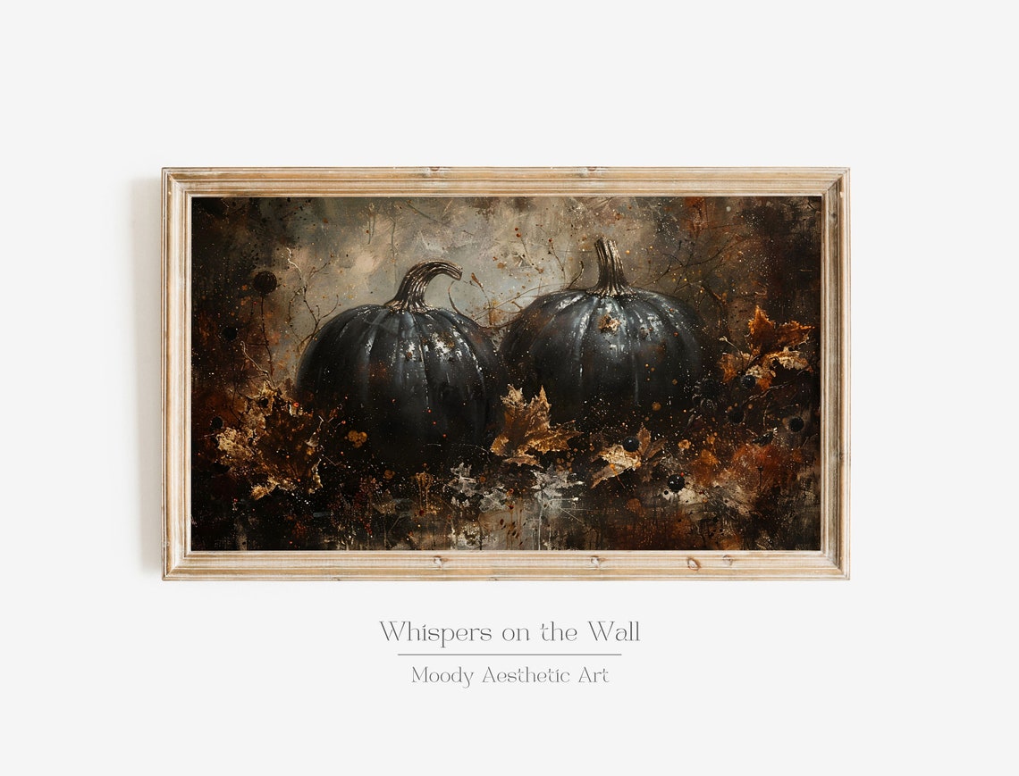 Two Black Pumpkins with Autumn Leaves Dark Fall Painting Poster