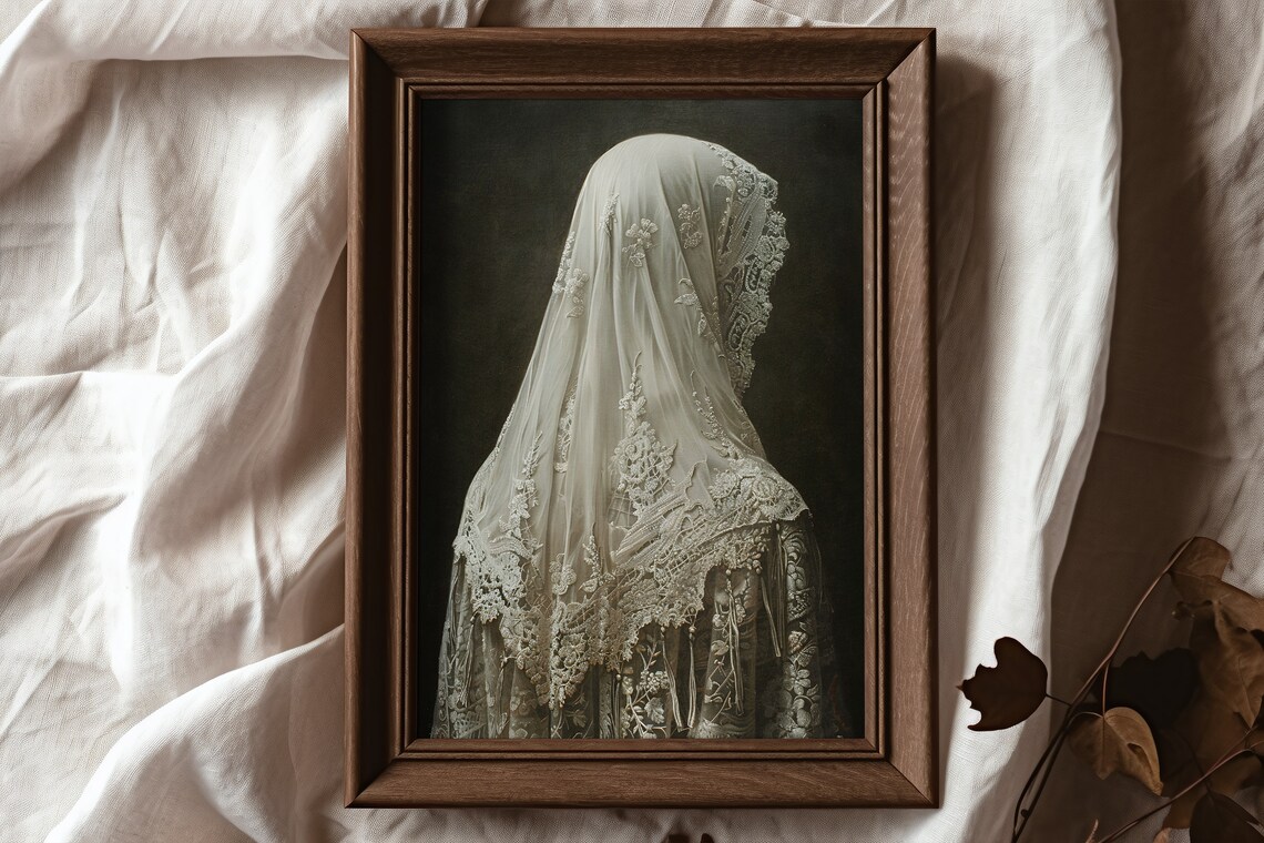 Veiled Ghost Woman Vintage Lace Spooky Halloween Oil Painting Poster - Image 2