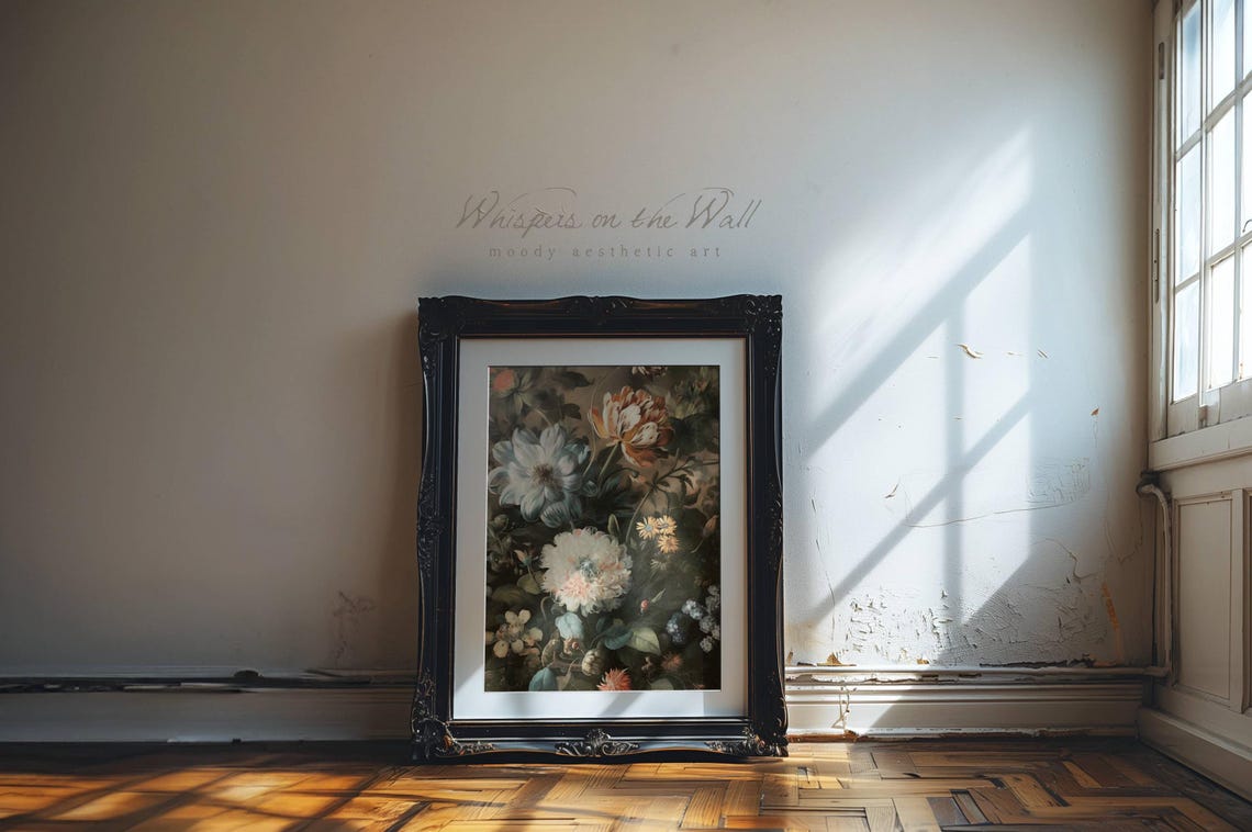 Moody Dark Floral Still Life Peonies Tulips Vintage Style Poster - Image 2