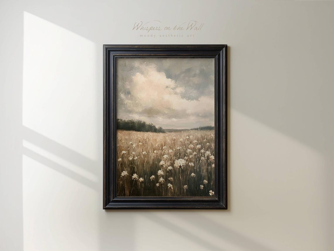 White Wildflower Field Under Moody Clouds Vintage Style Poster - Image 3