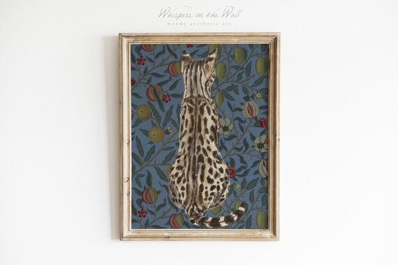 Spotted Cat From Behind On Vintage Fruit Patterned Wallpaper Poster