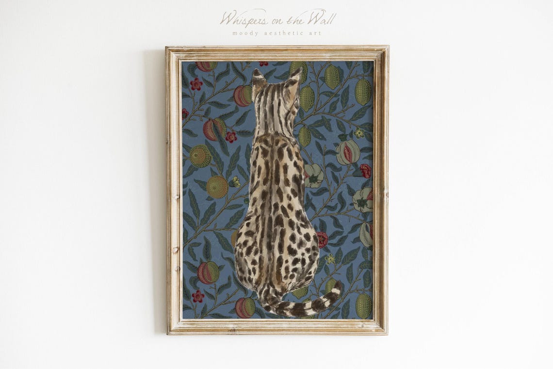Spotted Cat From Behind On Vintage Fruit Patterned Wallpaper Poster