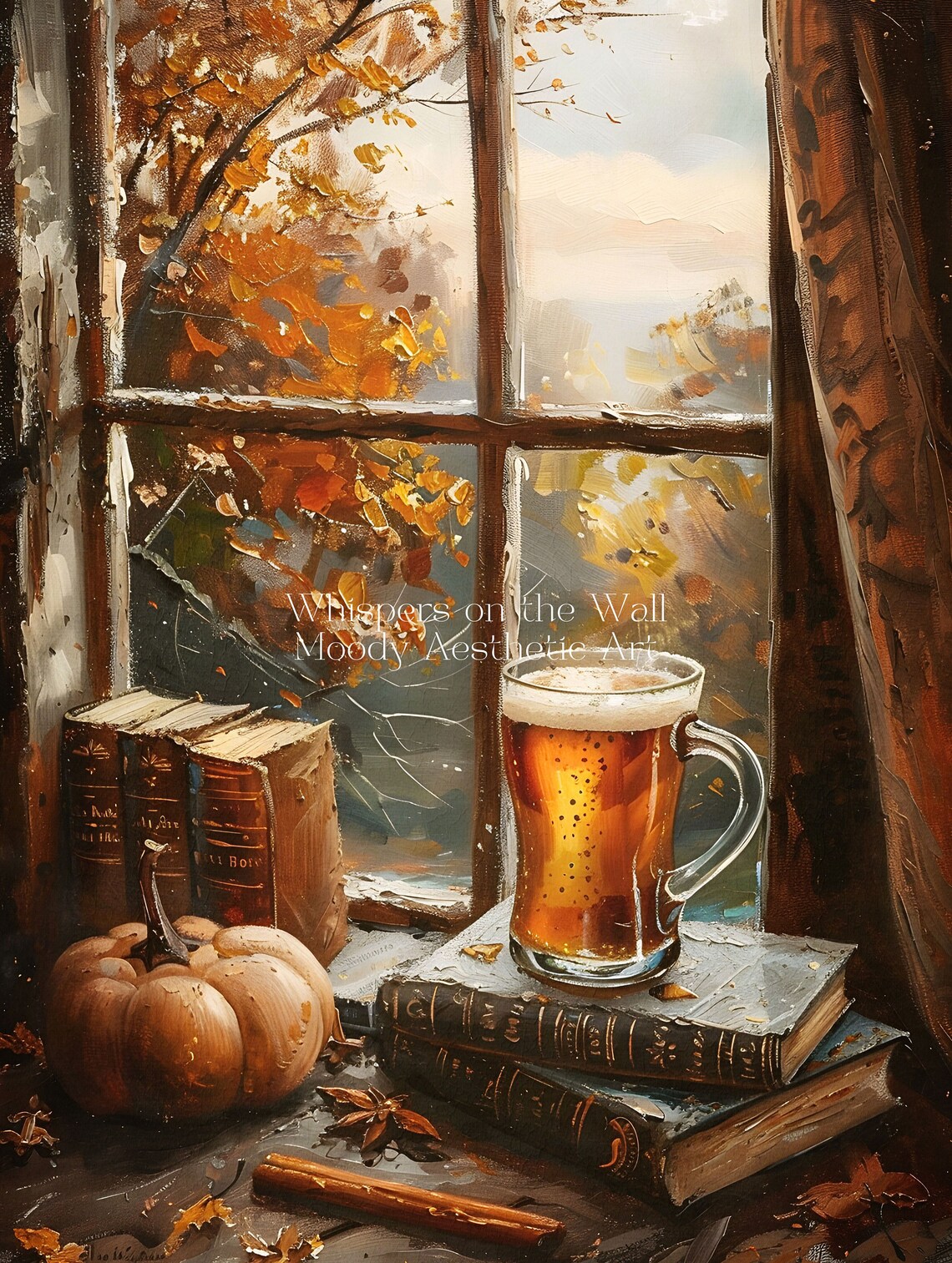 Pumpkin Beer by Window Autumn Cozy Oil Painting Fall Bookish Poster - Image 5